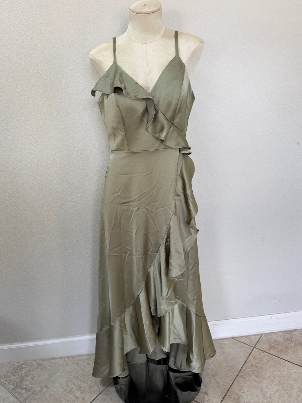 Sage Green Satin Ruffle Dress